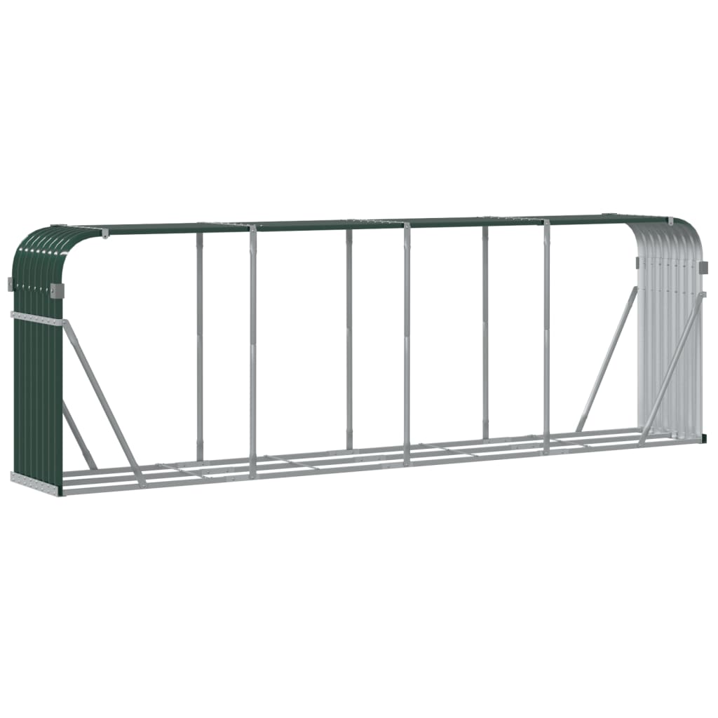 Green galvanized steel log holder, 118.1x17.7x39.4 inches, with open frame design.
