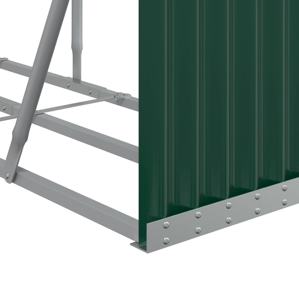 A close-up of a green galvanized steel log holder with a gray frame.
