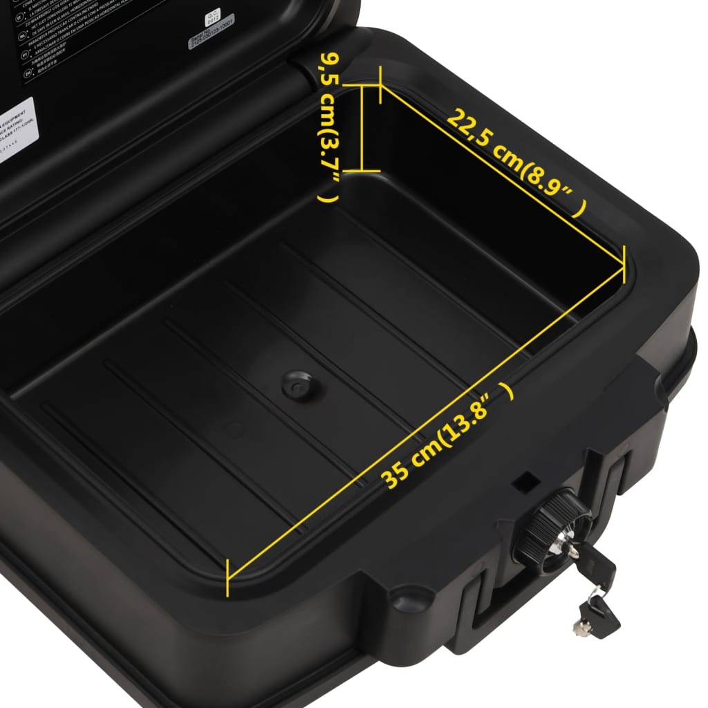 Black Bostome fireproof waterproof safe box, open with dimensions 17.3x14.6x6.5 inches marked.