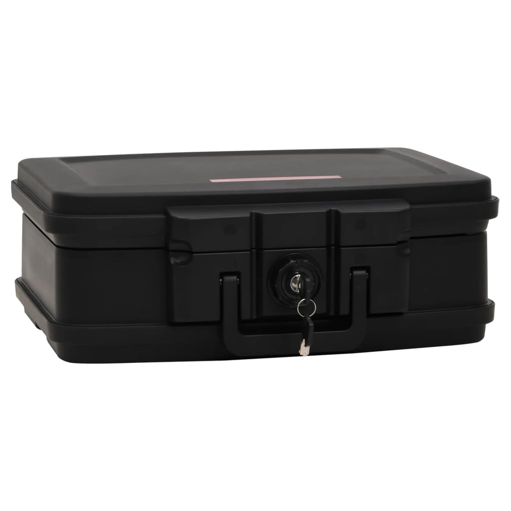 Black fireproof waterproof safe box with keyed lock and handle, 17.3x14.6x6.5 inches.