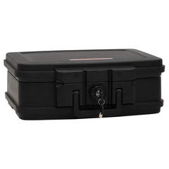 Black fireproof waterproof safe box with keyed lock and handle, 17.3x14.6x6.5 inches.