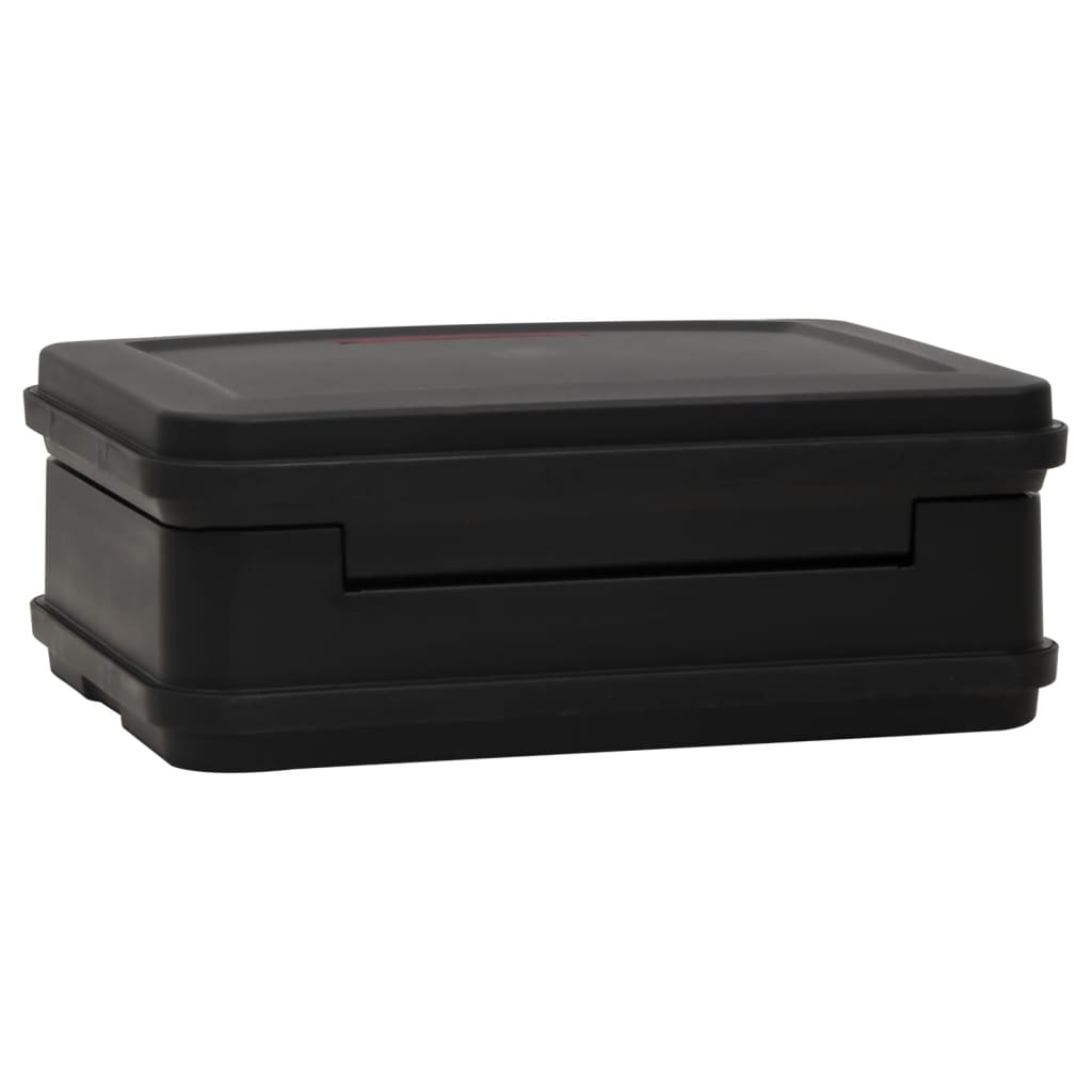 Black fireproof waterproof safe box measuring 17.3x14.6x6.5 inches.