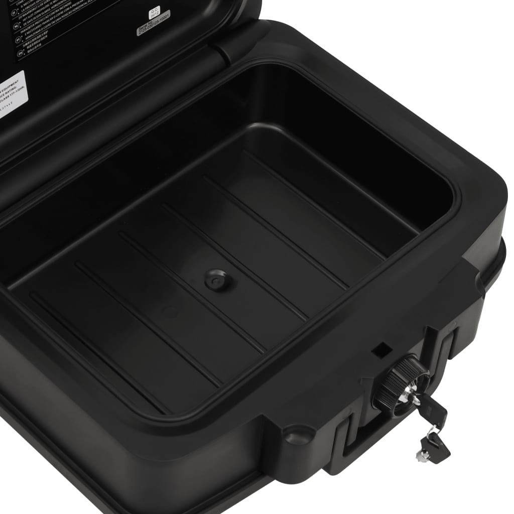 Black fireproof waterproof safe box open, showing interior and keyed lock.