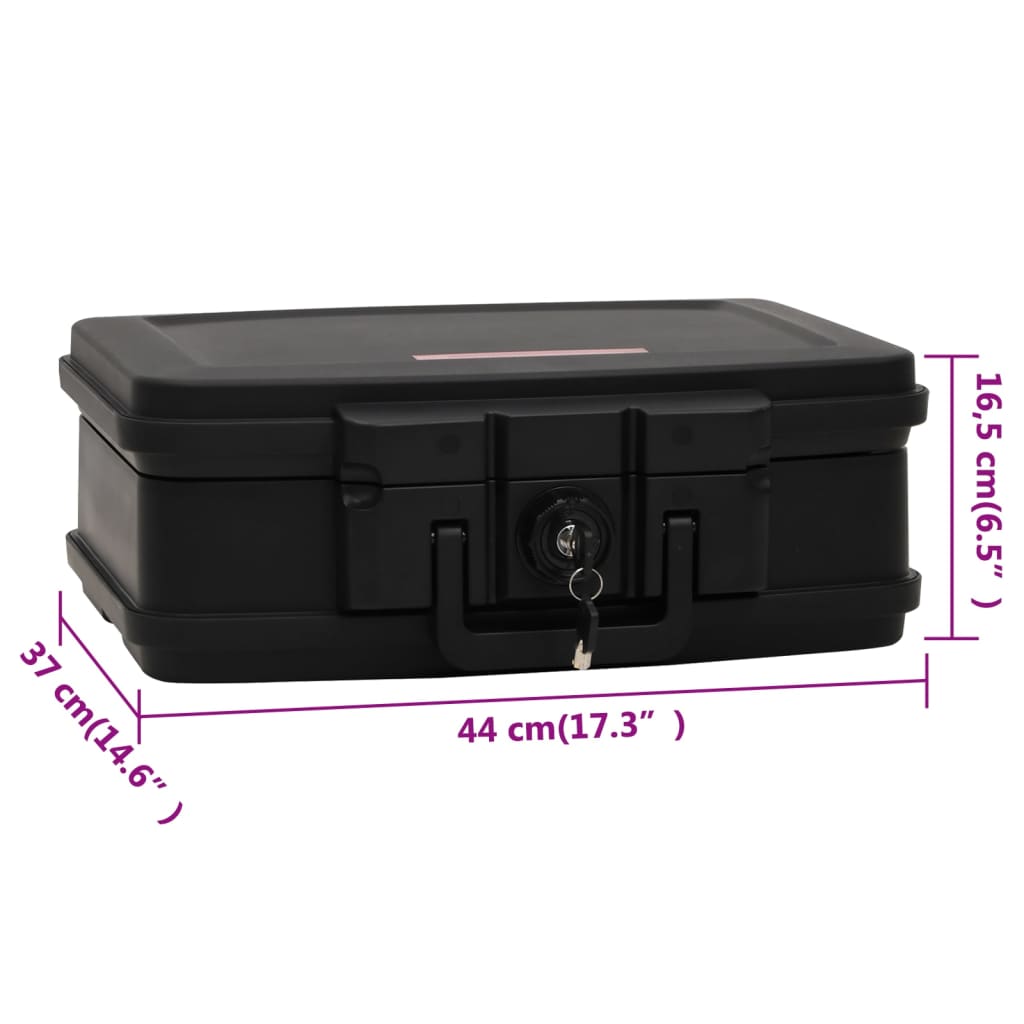 Black fireproof waterproof safe box with keyed lock and dimensions 17.3x14.6x6.5 inches.