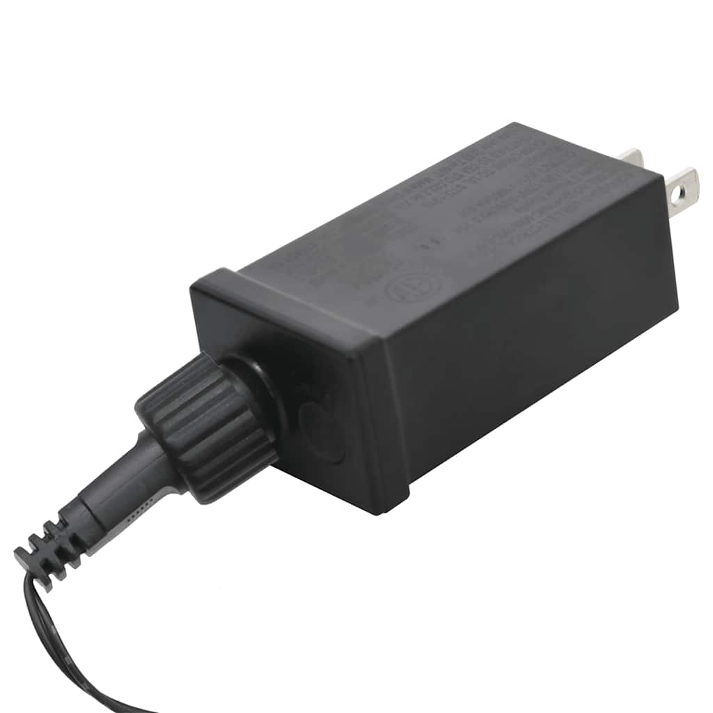 Black outdoor power adapter with plug and cord for LED Christmas tree lights.