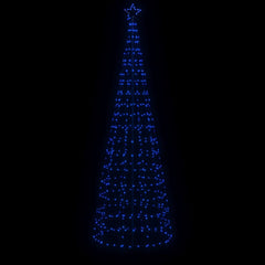 Tall cone-shaped outdoor Christmas tree with 570 blue LED lights and star topper