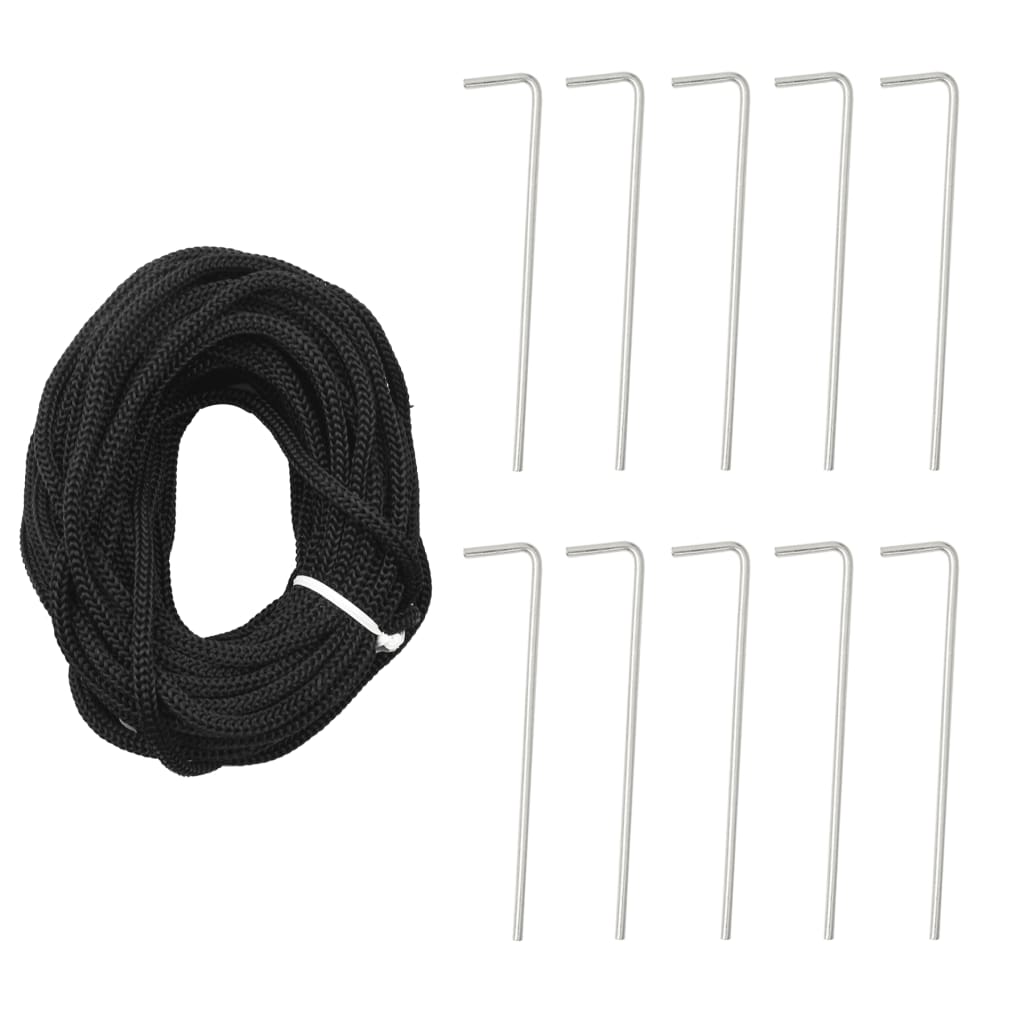 Black rope and ten metal ground stakes for securing outdoor decorations.