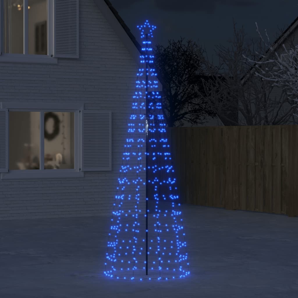 A 118.1-inch outdoor LED Christmas tree with 570 blue lights on a star frame in a snowy yard at night.