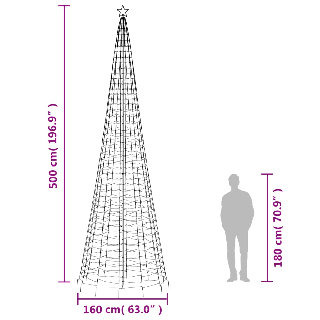 196.9-inch tall LED Christmas tree with 1554 blue lights, shown with dimensions next to a person.