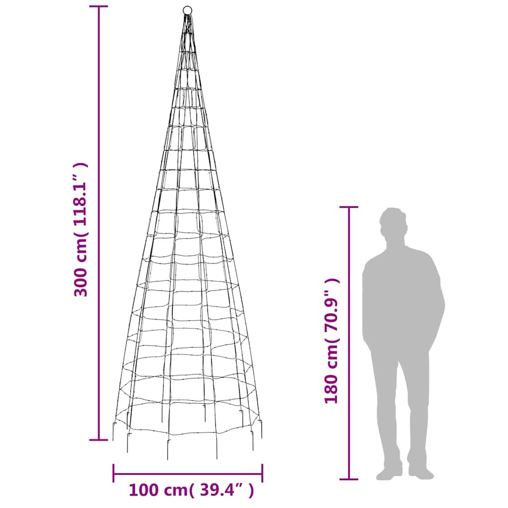 Tall LED Christmas tree frame with 570 colorful lights, 118.1 inches high and 39.4 inches wide.