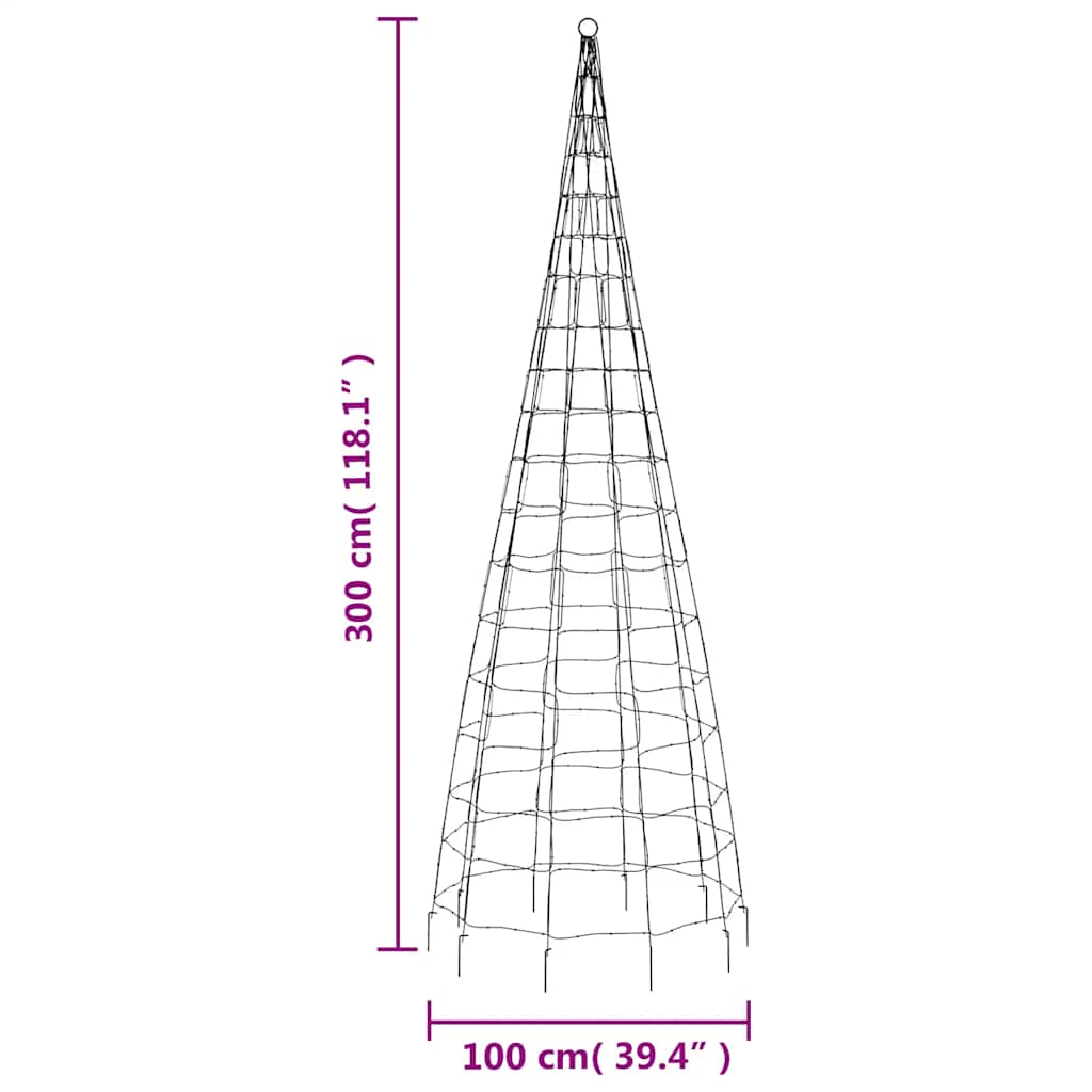 A 118.1-inch tall LED Christmas tree with 570 colorful LEDs and height measurements shown.