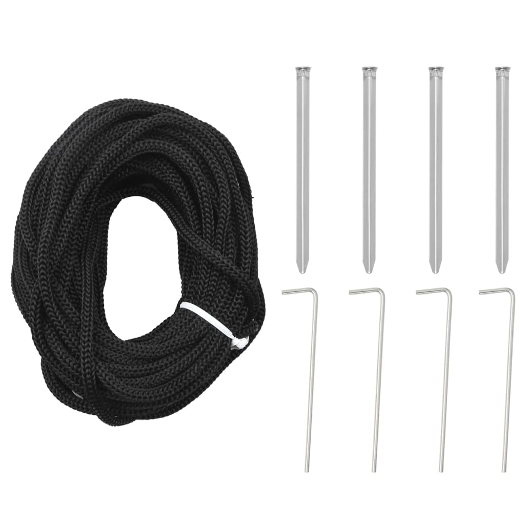 Black rope with metal stakes and hooks for securing outdoor decorations or trees.