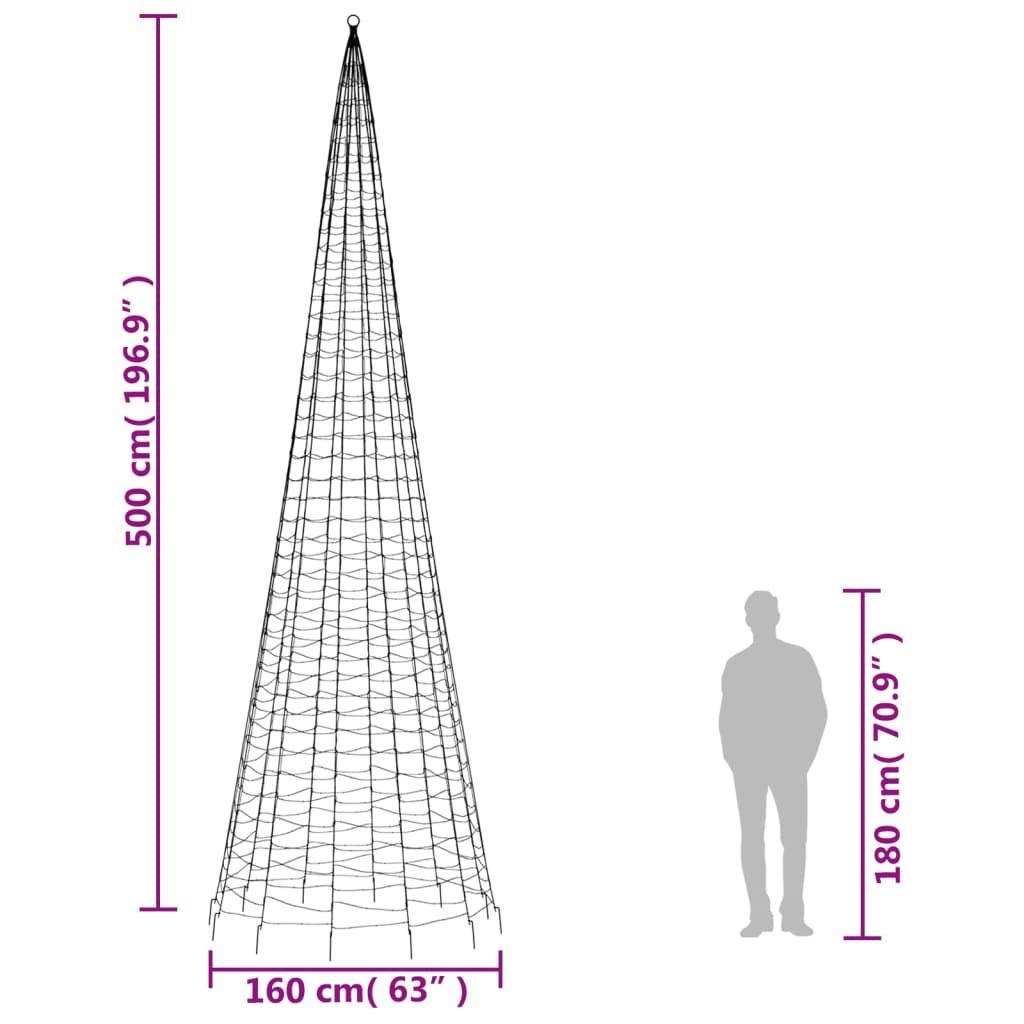 Diagram of a 196.9-inch tall LED Christmas tree frame with dimensions marked next to a person.