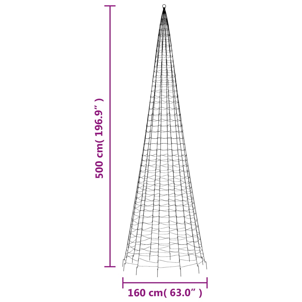 196.9-inch tall LED Christmas tree with 1554 colorful LEDs and dimensions marked.