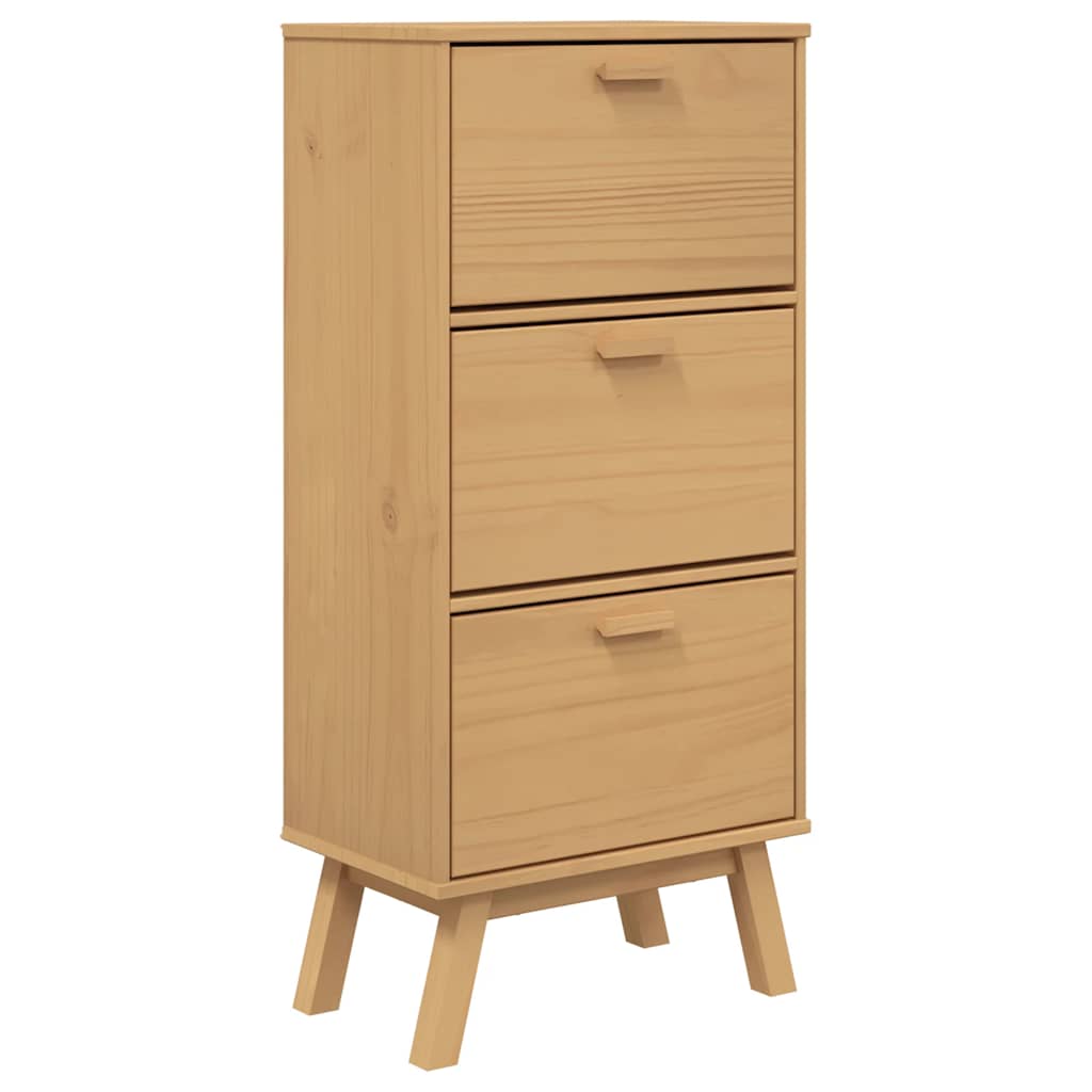 Tall brown solid pine wood shoe cabinet with three flip drawers and wooden legs.