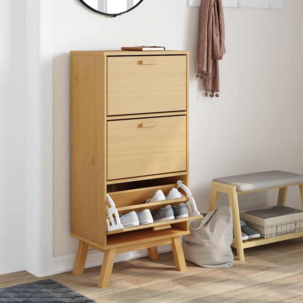 Brown solid pine wood shoe cabinet with flip drawers, 21.7x13.8x47.2in, storing shoes.