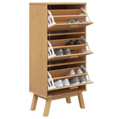 Brown solid pine wood shoe cabinet with flip drawers and tapered legs.