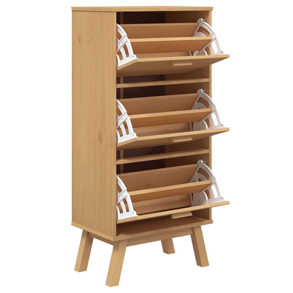 Brown solid pine wood shoe cabinet with three flip drawers and wooden legs, 21.7x13.8x47.2 inches.