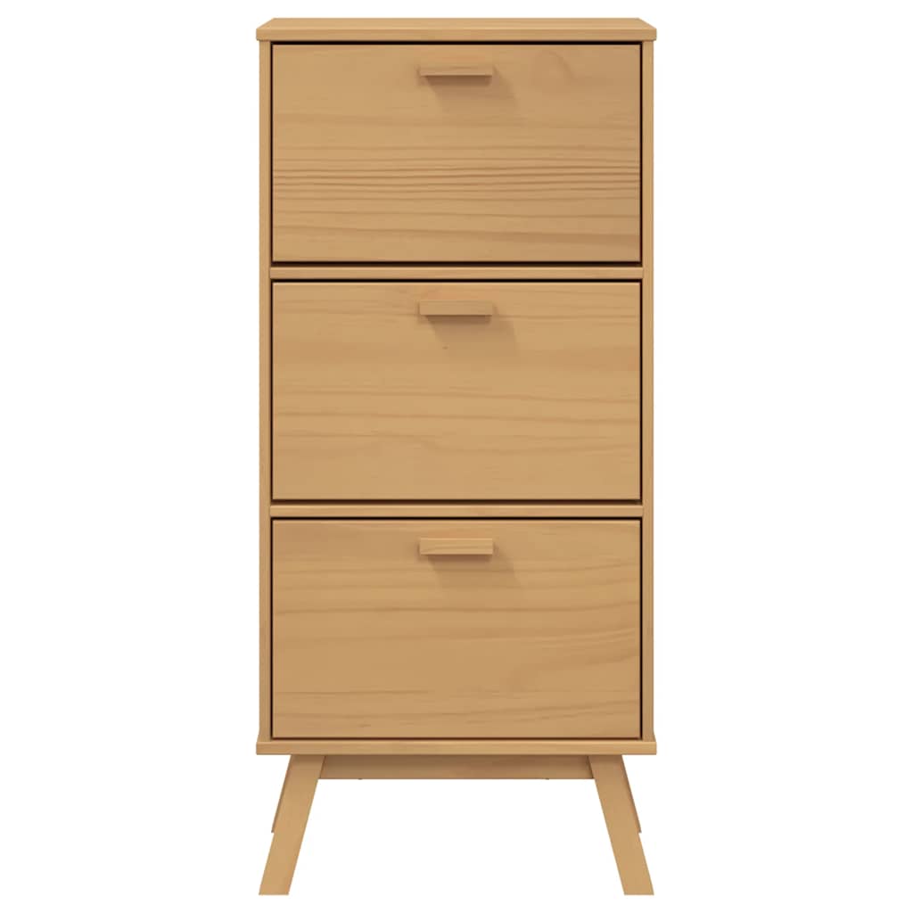 Brown solid pine wood shoe cabinet with three flip drawers and wooden legs.