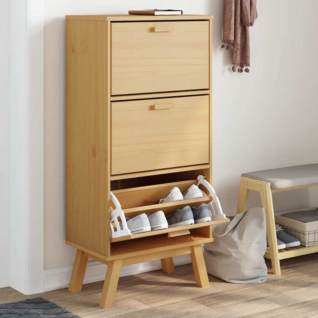 Brown solid pine wood shoe cabinet with three flip drawers and sturdy legs.