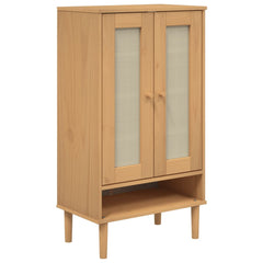 Brown rattan look shoe cabinet with solid pine wood and two poly rattan doors on four legs