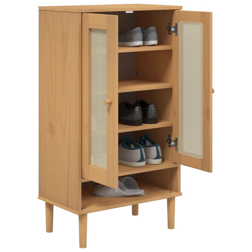 Brown rattan-look shoe cabinet in solid pine wood with glass doors, open to reveal shoe shelves.