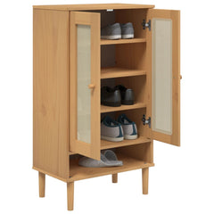 Brown rattan-look shoe cabinet in solid pine wood with glass doors, open to reveal shoe shelves.