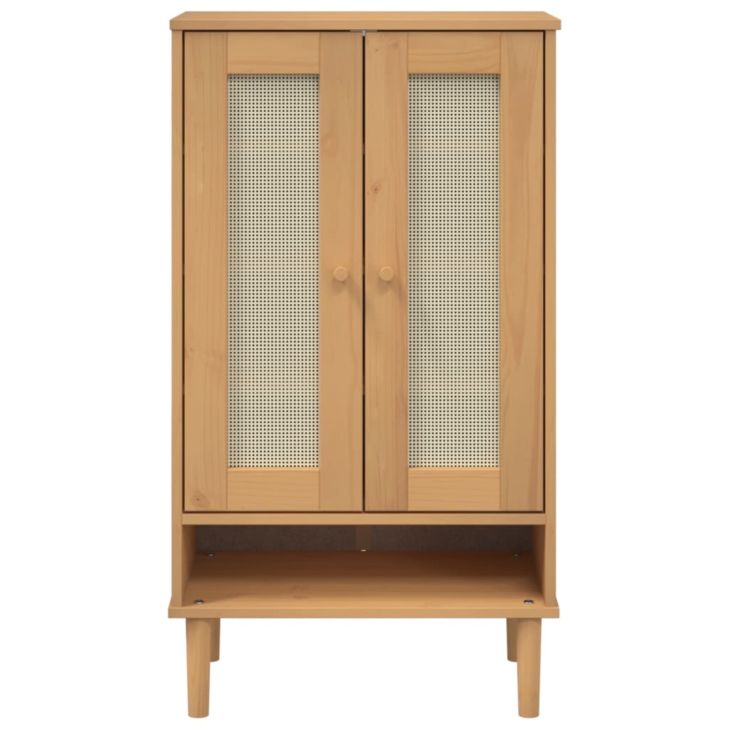 Brown rattan-look shoe cabinet made of solid pine wood with glass doors and five compartments.
