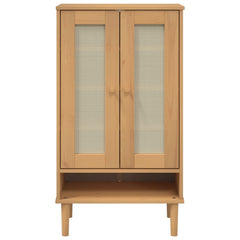 Brown rattan-look shoe cabinet made of solid pine wood with glass doors and five compartments.