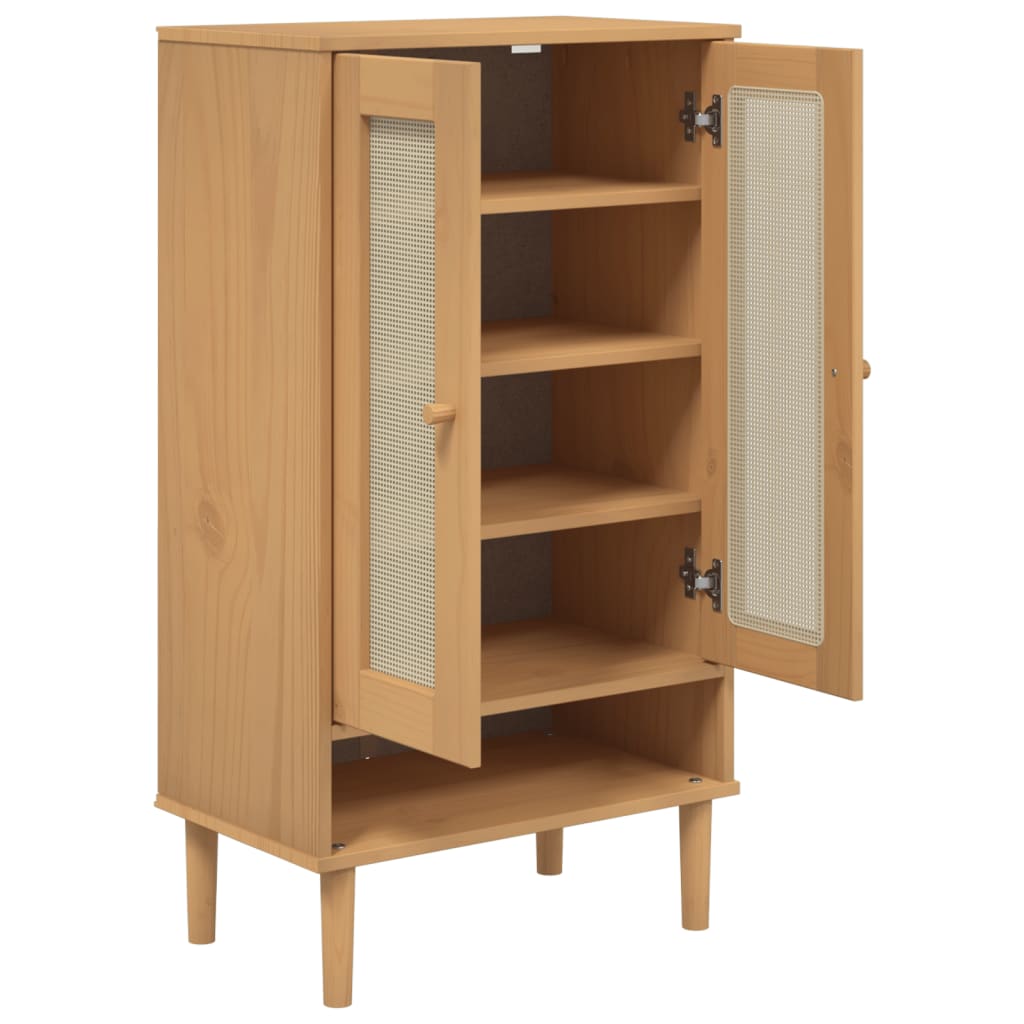Brown pine wood shoe cabinet with rattan-look doors and five shelves, midcentury style.