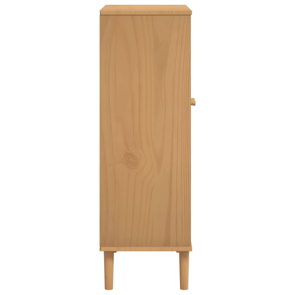 Tall brown solid pine shoe cabinet with rattan-look doors and five compartments.