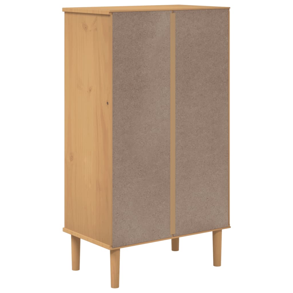 Brown rattan-look shoe cabinet made of solid pine wood with two doors and five compartments.