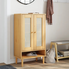Brown rattan-look shoe cabinet made of solid pine wood with glass doors and open shelf.
