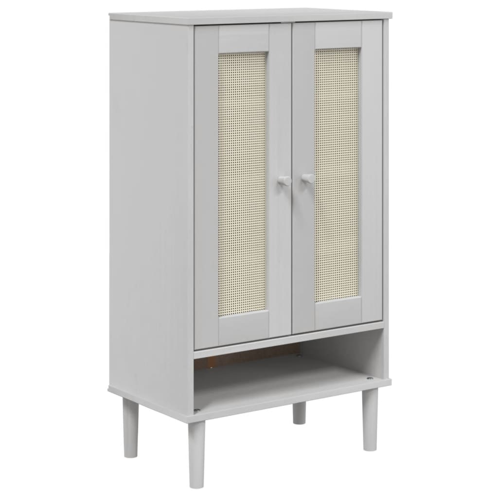 White shoe cabinet with rattan-look doors, solid pine wood, and open bottom shelf.