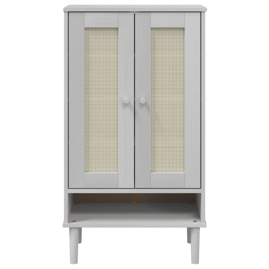 White shoe cabinet with rattan-look doors, solid pine wood, and open shelf base.