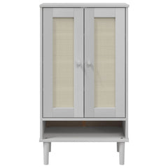 White shoe cabinet with rattan-look doors, solid pine wood, and open shelf base.