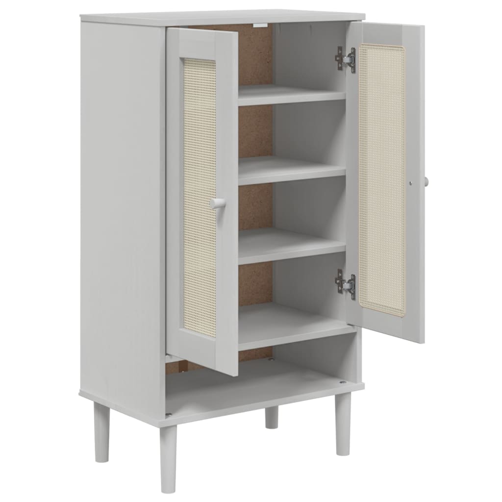White shoe cabinet with rattan-look doors, open to reveal five pine wood shelves.
