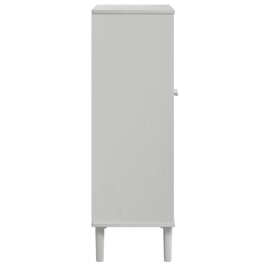 White shoe cabinet with rattan doors and solid pine wood frame on four legs.