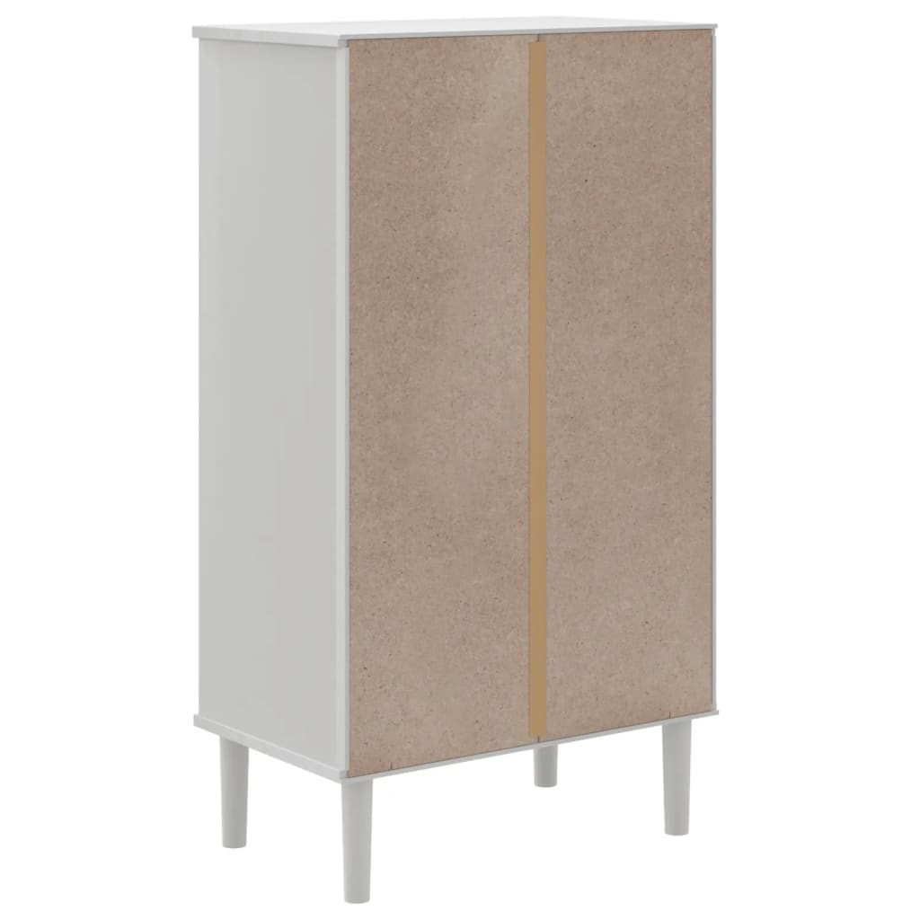 White shoe cabinet with rattan-look doors, solid pine wood, and five compartments.