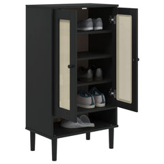 Shoe Cabinet SENJA Rattan Look Black 23.4x13.8x42.1 Solid Wood