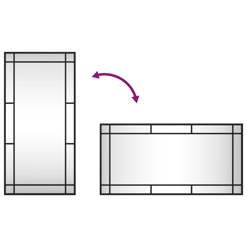 Black rectangular wall mirror with iron frame, shown in vertical and horizontal orientations.