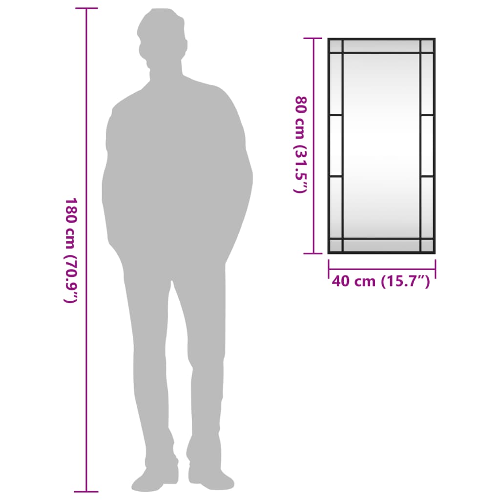 Diagram of a 15.7x31.5-inch black rectangular iron-framed wall mirror next to a 180cm tall human figure.