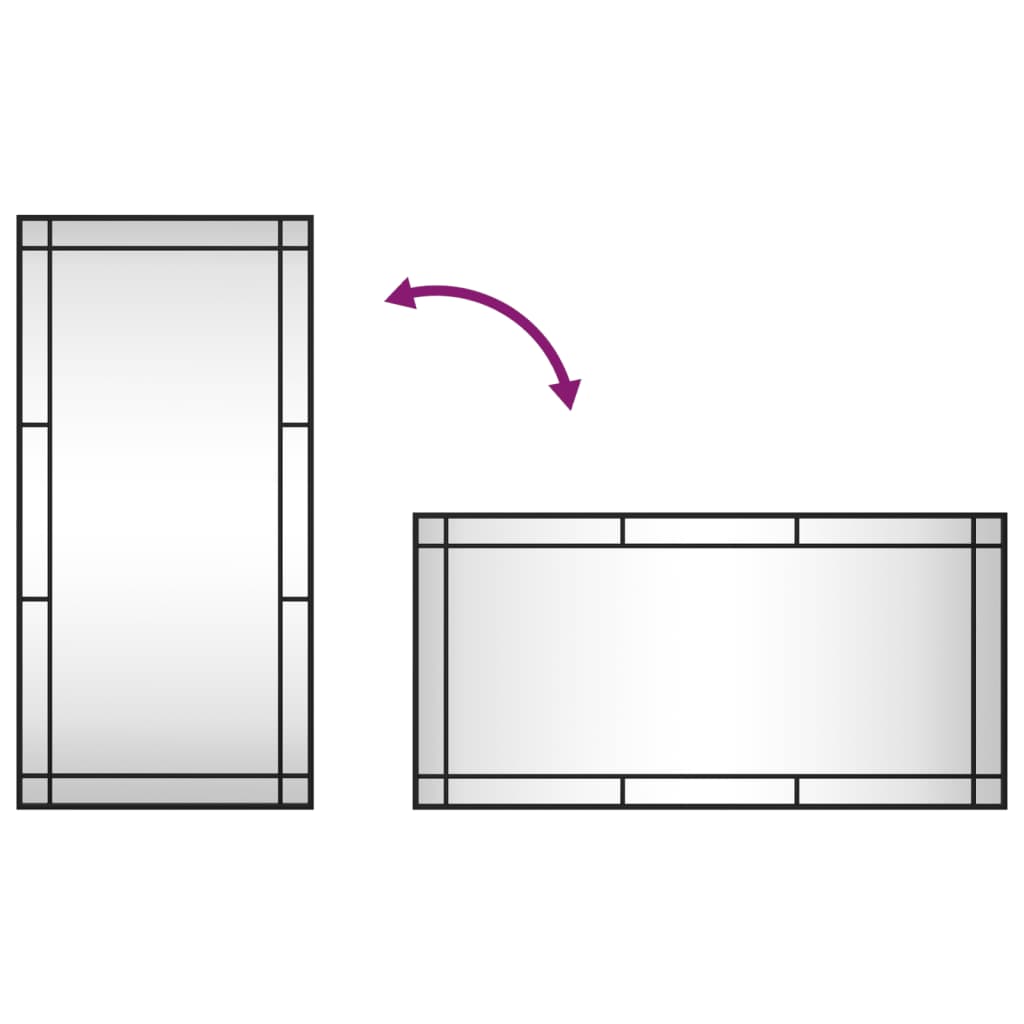 Black rectangular wall mirror with iron frame, shown vertically and horizontally, 19.7x39.4 inches.