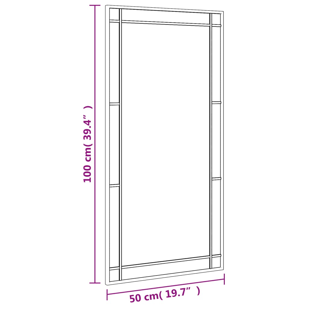 Black rectangular wall mirror with iron frame, measuring 19.7 by 39.4 inches.