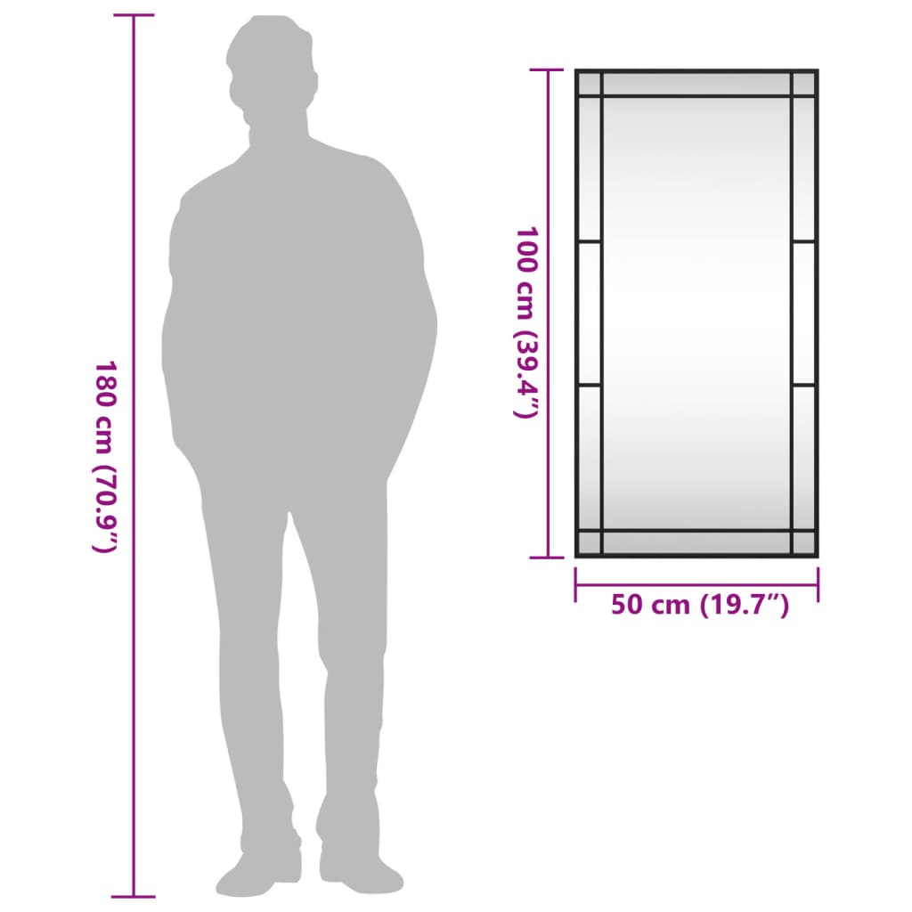 Black rectangular wall mirror with iron frame, measuring 19.7 by 39.4 inches, shown next to a human figure for scale.