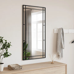 Black rectangular wall mirror with iron frame, 19.7x39.4 inches, mounted vertically.