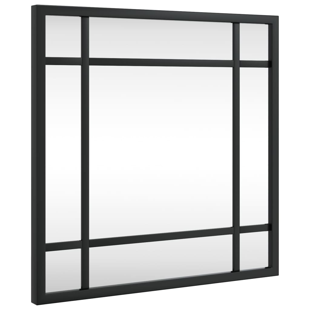 Square black iron-framed wall mirror, 11.8x11.8 inches.