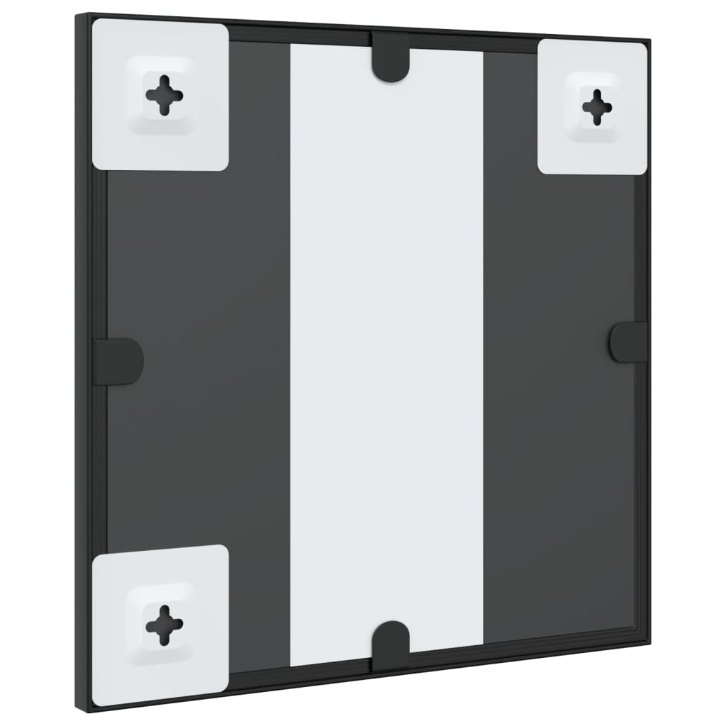 Black square wall mirror with iron frame, 11.8x11.8 inches.