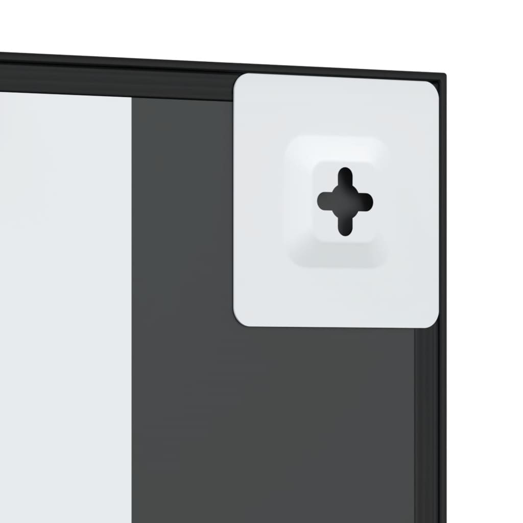 Black square wall mirror with iron frame and keyhole hanger on the back corner.