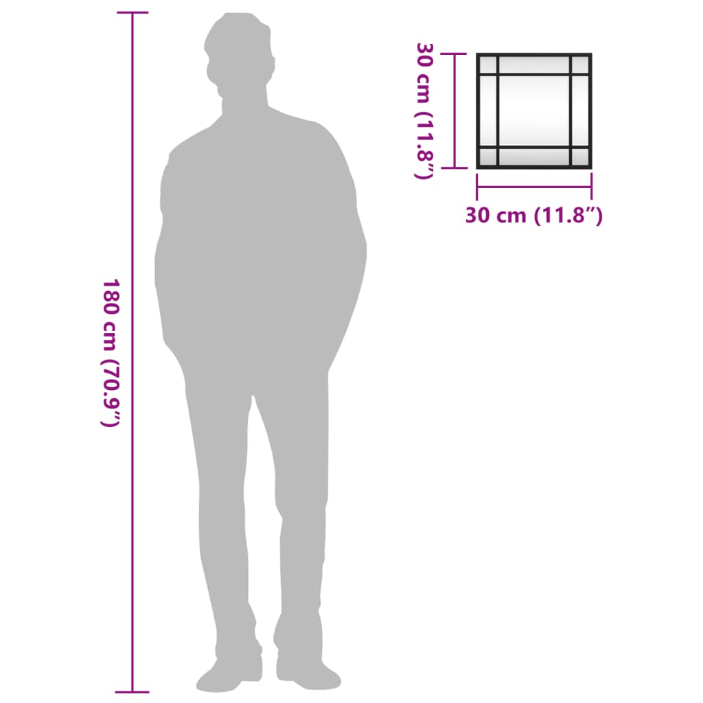 Black square wall mirror with iron frame, 11.8x11.8 inches, shown with size comparison to human figure.